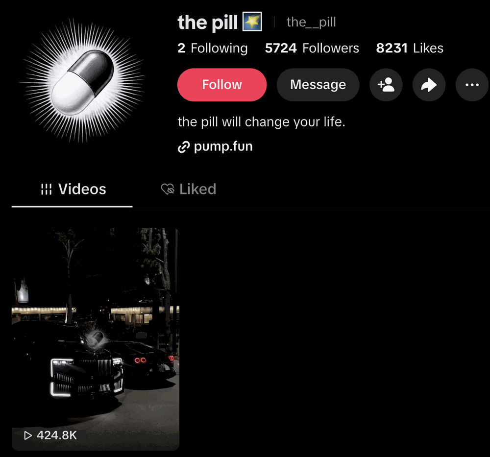 The official @the__pill TikTok profile: 5,724 followers, 8,231 likes, and a clip with 424.8K views.